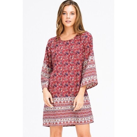 Burgundy Floral Ethnic Print Boho Mini Dress - Picture 5 of 10